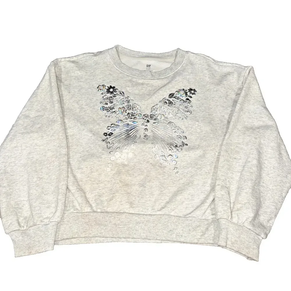 Gap Kids XL 12 Gray Butterfly Sequin Sweatshirt Girls Embellished Pullover